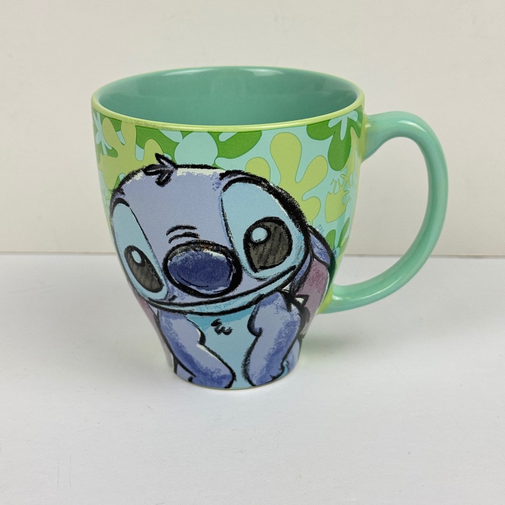 Disney Store Stitch Sketch Floral Ceramic Coffee Mug Green Teal Lilo & Stitch